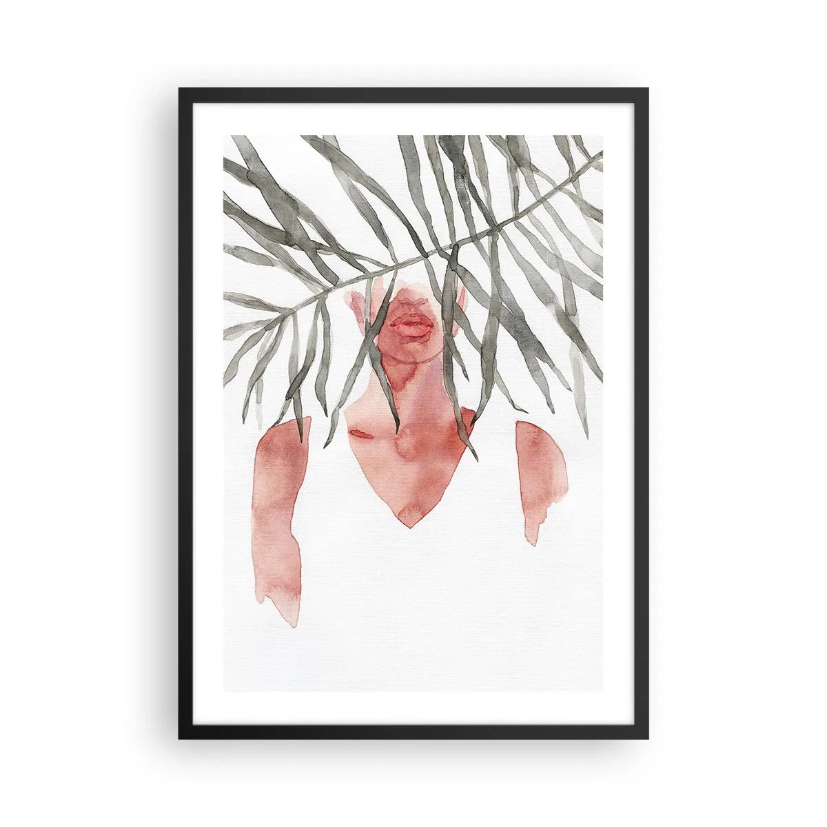 Poster în ramă neagră - Siluetă în acuarelă a unei femei ascunse în spatele frunzelor - 50x70cm - Doamna de la tropice - Decorațiune modernă pentru perete pentru living și dormitor ARTTOR