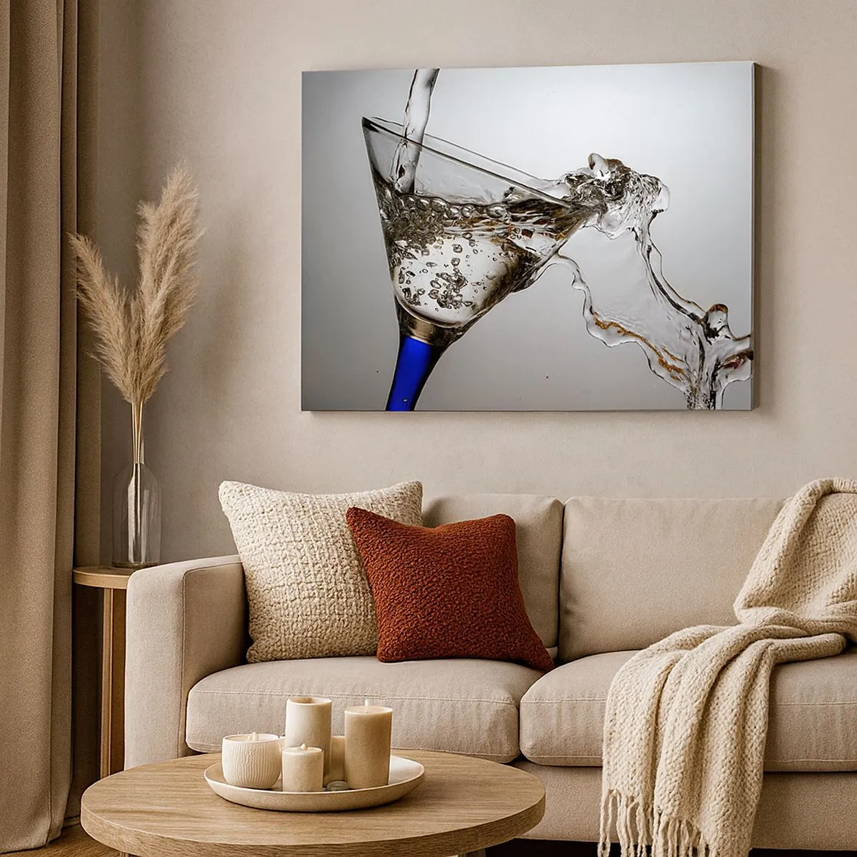 Tablou pe pânză Canvas - Un pahar cu apă în mișcare pe un fundal deschis - 70x50cm - Apă pură în sticlă de cristal - Decorațiune modernă pentru perete pentru living și dormitor ARTTOR