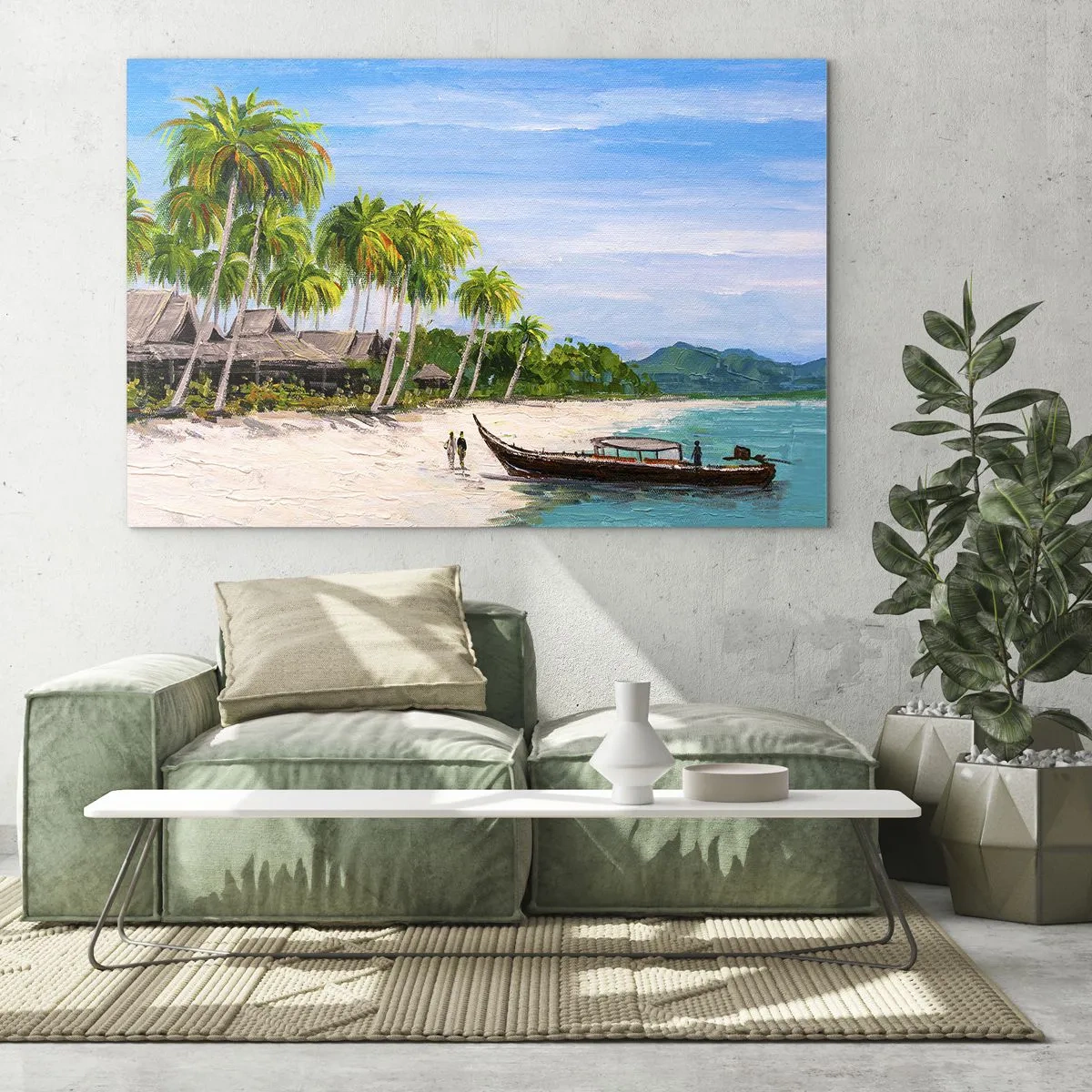 Tablou pe sticlă - Plajă tropicală cu o barcă și palmieri lângă colibe tradiționale - 70x50cm - Un vis exotic - Decorațiune modernă pentru perete pentru living și dormitor ARTTOR