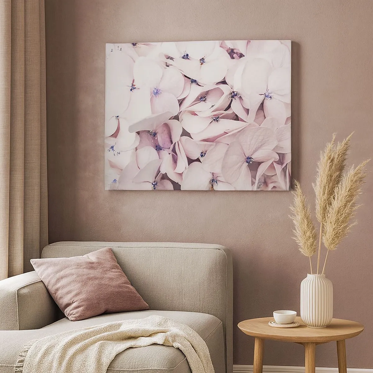 Tablou pe pânză Canvas - Hortensii albe delicate în nuanțe pastelate - 70x50cm - Într-un potop de flori - Decorațiune modernă pentru perete pentru living și dormitor ARTTOR