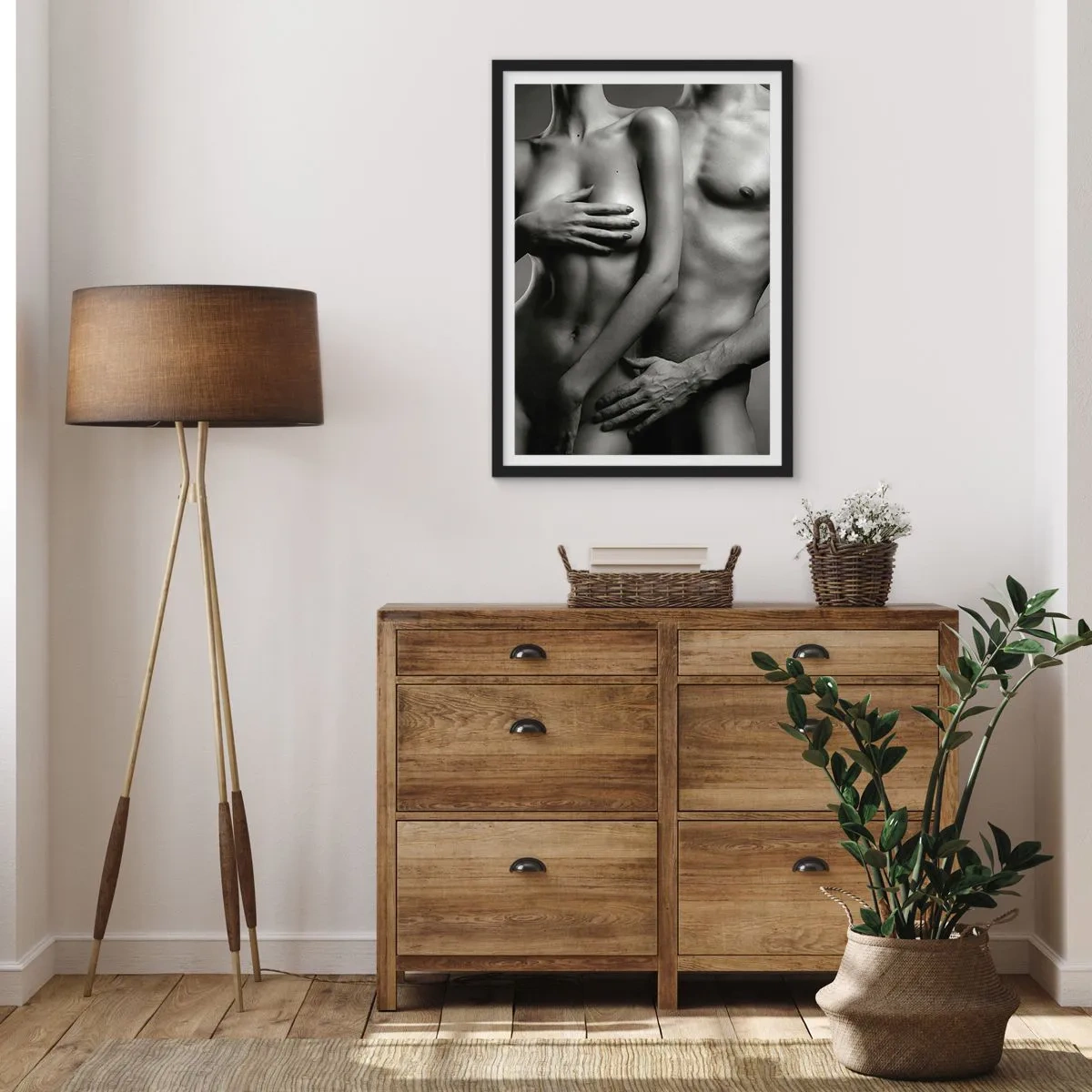 Poster în ramă neagră - Nud artistic al unei femei și al unui bărbat în alb și negru - 50x70cm - Adam și Eva - Decorațiune modernă pentru perete pentru living și dormitor ARTTOR