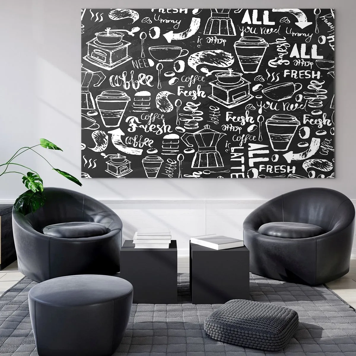 Tablou pe sticlă - Grafică și litere de cafea pe fundal negru în stil retro - 70x50cm - All you need is… - Decorațiune modernă pentru perete pentru living și dormitor ARTTOR