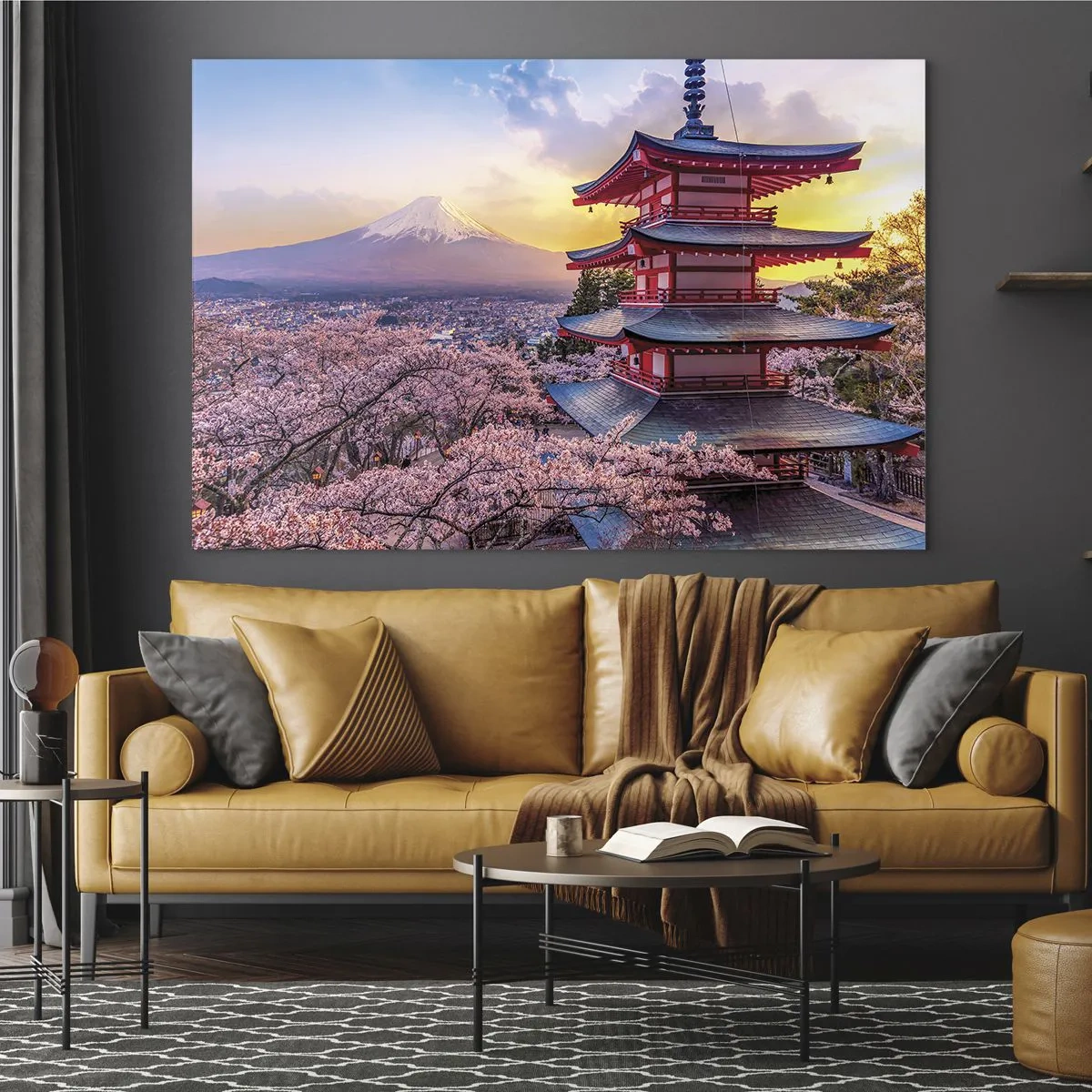Tablou pe sticlă - O pagodă într-un peisaj japonez cu vedere la Muntele Fuji și copaci înfloriți - 70x50cm - Esența spiritului japonez - Decorațiune modernă pentru perete pentru living și dormitor ARTTOR