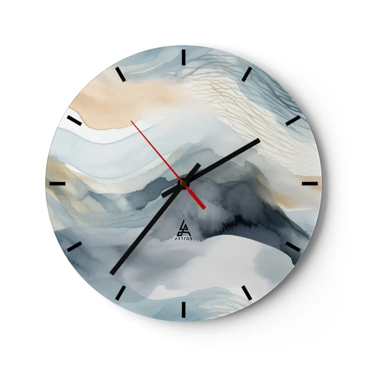 Ceas de perete - Ceas pe sticlă - Peisaj abstract în nuanțe de albastru și bej - 30x30cm - Abstracție de zăpadă și ceață - Decorațiune modernă pentru perete pentru living, bucătărie și dormitor ARTTOR