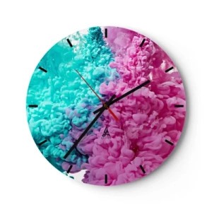 Ceas de perete - Ceas pe sticlă - Combinație abstractă de culori roz și turcoaz - 30x30cm - O ciocnire decisivă - Decorațiune modernă pentru perete pentru living, bucătărie și dormitor ARTTOR
