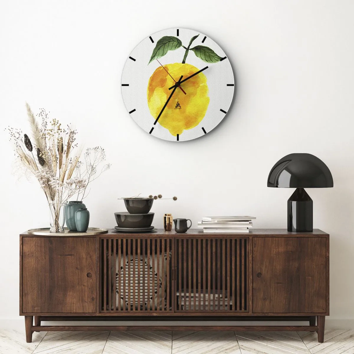 Ceas de perete - Ceas pe sticlă - Lămâie galbenă cu frunze verzi în stil acuarelă - 30x30cm - Cum să simțiți gustul soarelui - Decorațiune modernă pentru perete pentru living, bucătărie și dormitor ARTTOR