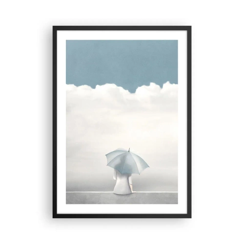 Poster în ramă neagră - O figură cu o umbrelă așezată pe o cornișă printre nori - 50x70cm - La limita dintre realitate și vise - Decorațiune modernă pentru perete pentru living și dormitor ARTTOR