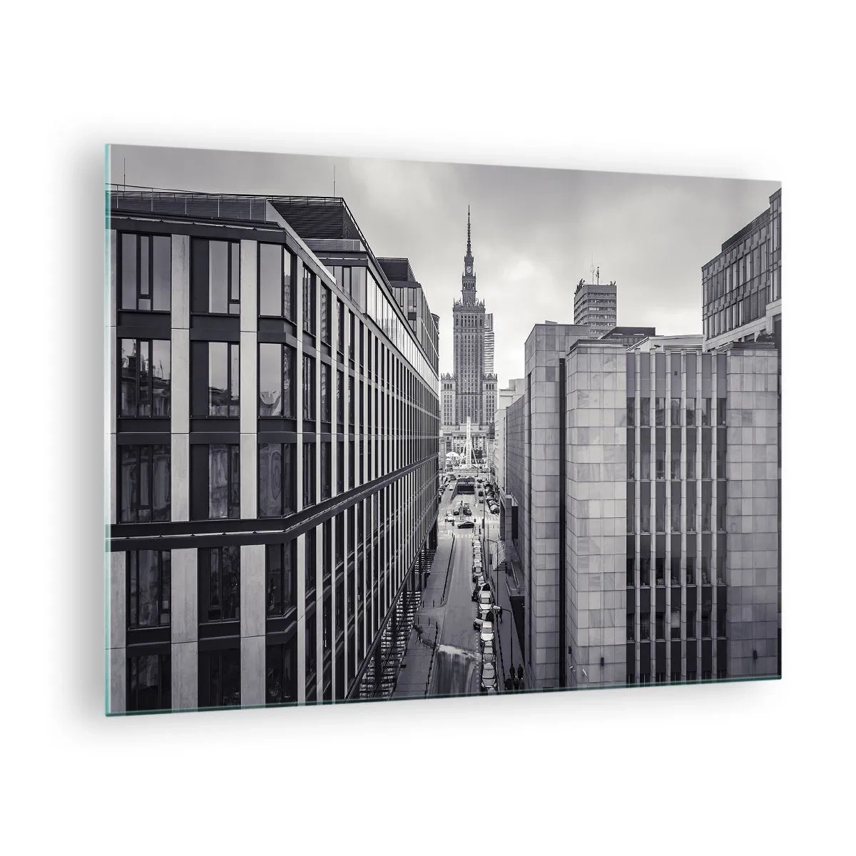Tablou pe sticlă - Vedere a orașului alb-negru cu zgârie-nori și o stradă - 70x50cm - Vale citadină din Varșovia - Decorațiune modernă pentru perete pentru living și dormitor ARTTOR