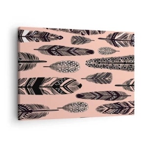 Tablou pe pânză Canvas - Pene decorative pe un fundal deschis - 70x50cm - Colecție indiană - Decorațiune modernă pentru perete pentru living și dormitor ARTTOR