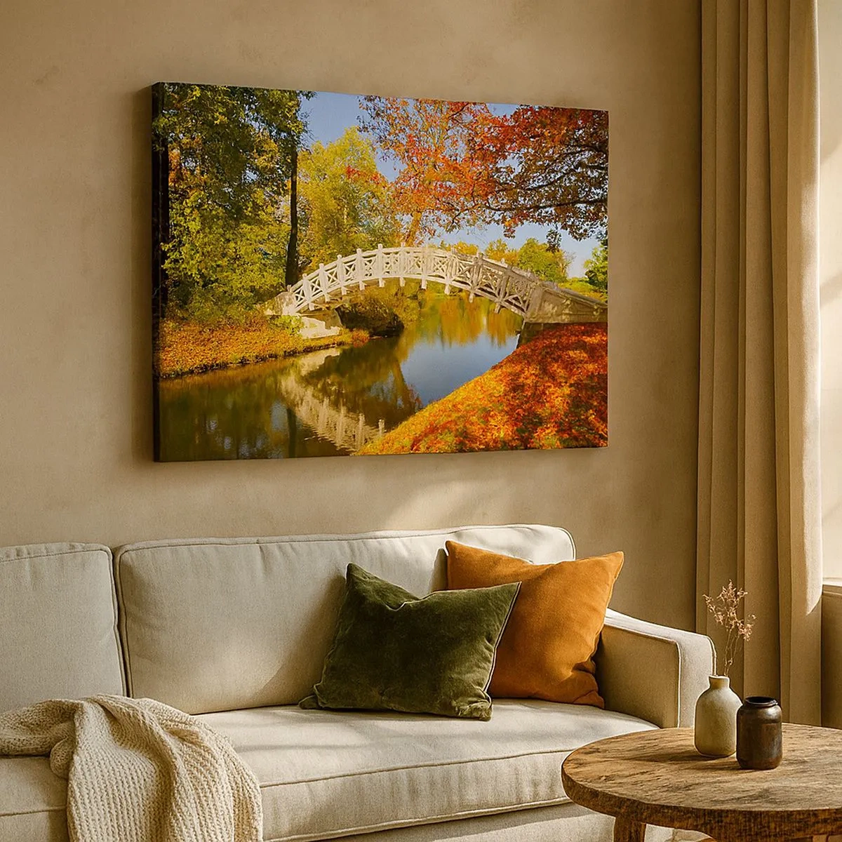 Tablou pe pânză Canvas - Un pod într-un parc înconjurat de frunze de toamnă peste o apă calmă - 70x50cm - Pe podul alb al suspinelor - Decorațiune modernă pentru perete pentru living și dormitor ARTTOR