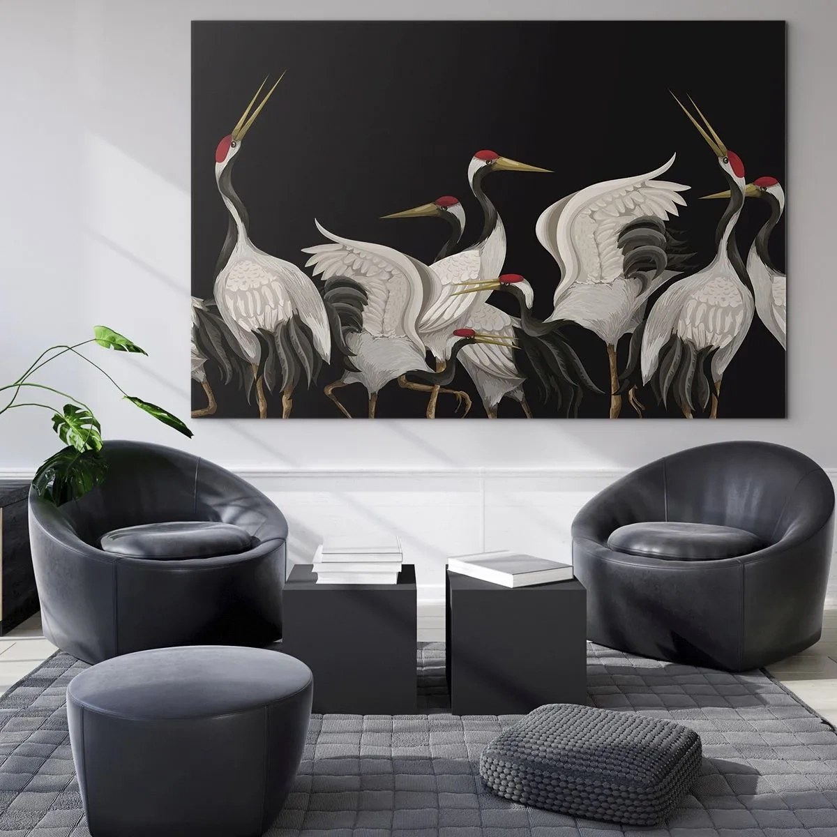 Tablou pe sticlă - Macarale albe cu capete roșii pe fundal negru - 70x50cm - Problemele importante ale păsărilor - Decorațiune modernă pentru perete pentru living și dormitor ARTTOR