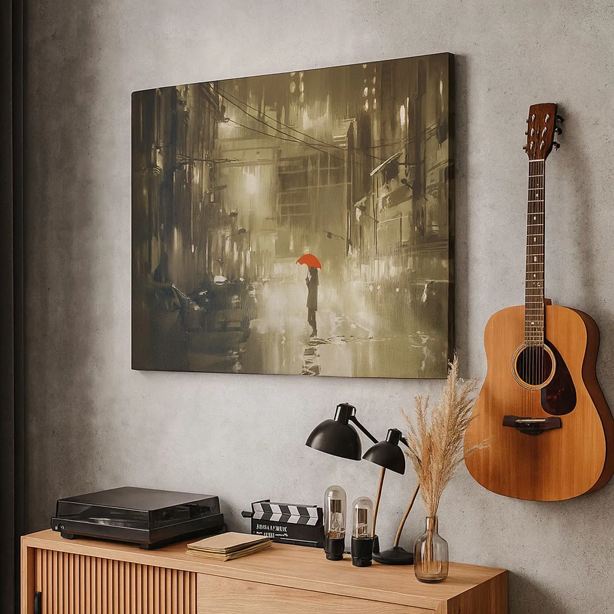 Tablou pe pânză Canvas - O figură cu o umbrelă roșie într-un oraș ploios - 70x50cm - Singură, dar nu singuratică - Decorațiune modernă pentru perete pentru living și dormitor ARTTOR