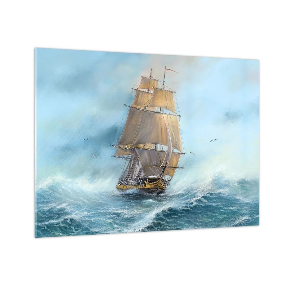 Tablou pe sticlă - O corabie cu pânze pe o mare furtunoasă, într-un stil pictural - 70x50cm - Rulează pe valuri - Decorațiune modernă pentru perete pentru living și dormitor ARTTOR