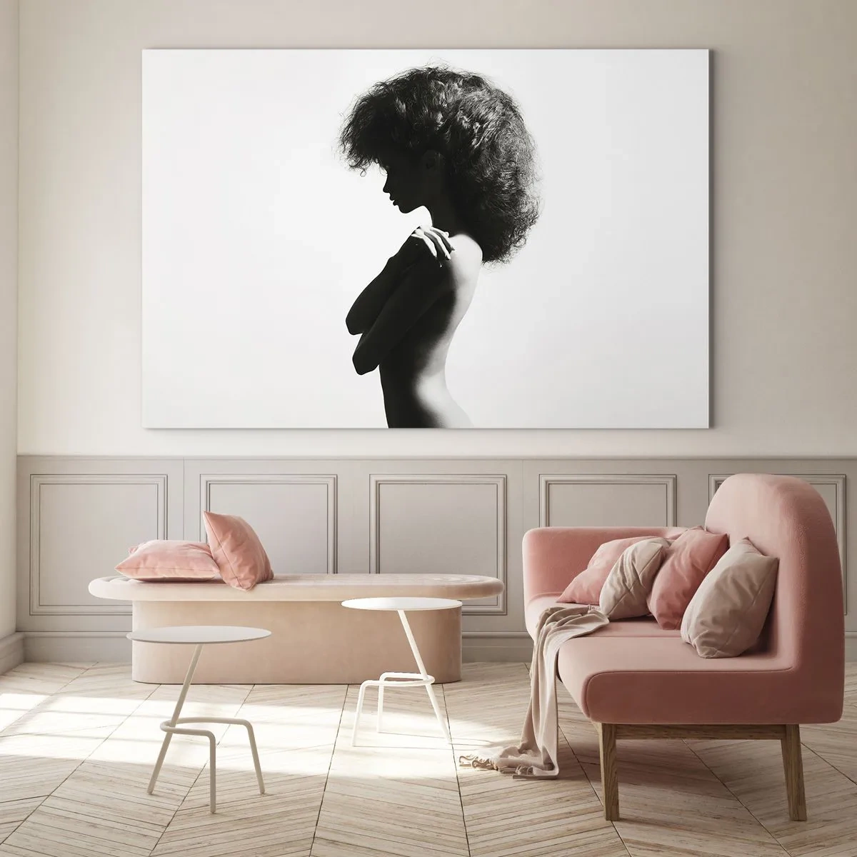 Tablou pe sticlă - Nud feminin în lumină contrastantă alb-negru - 70x50cm - Ca o floare pe o tulpină subțire - Decorațiune modernă pentru perete pentru living și dormitor ARTTOR