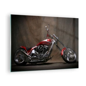 Tablou pe sticlă - Motocicletă personalizată roșie pe un fundal întunecat - 70x50cm - Frumusețea în roșu și argintiu - Decorațiune modernă pentru perete pentru living și dormitor ARTTOR