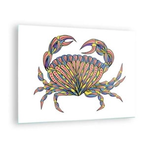 Tablou pe sticlă - Ilustrație a unui crab colorat într-un stil geometric - 70x50cm - Bijuterii marine - Decorațiune modernă pentru perete pentru living și dormitor ARTTOR