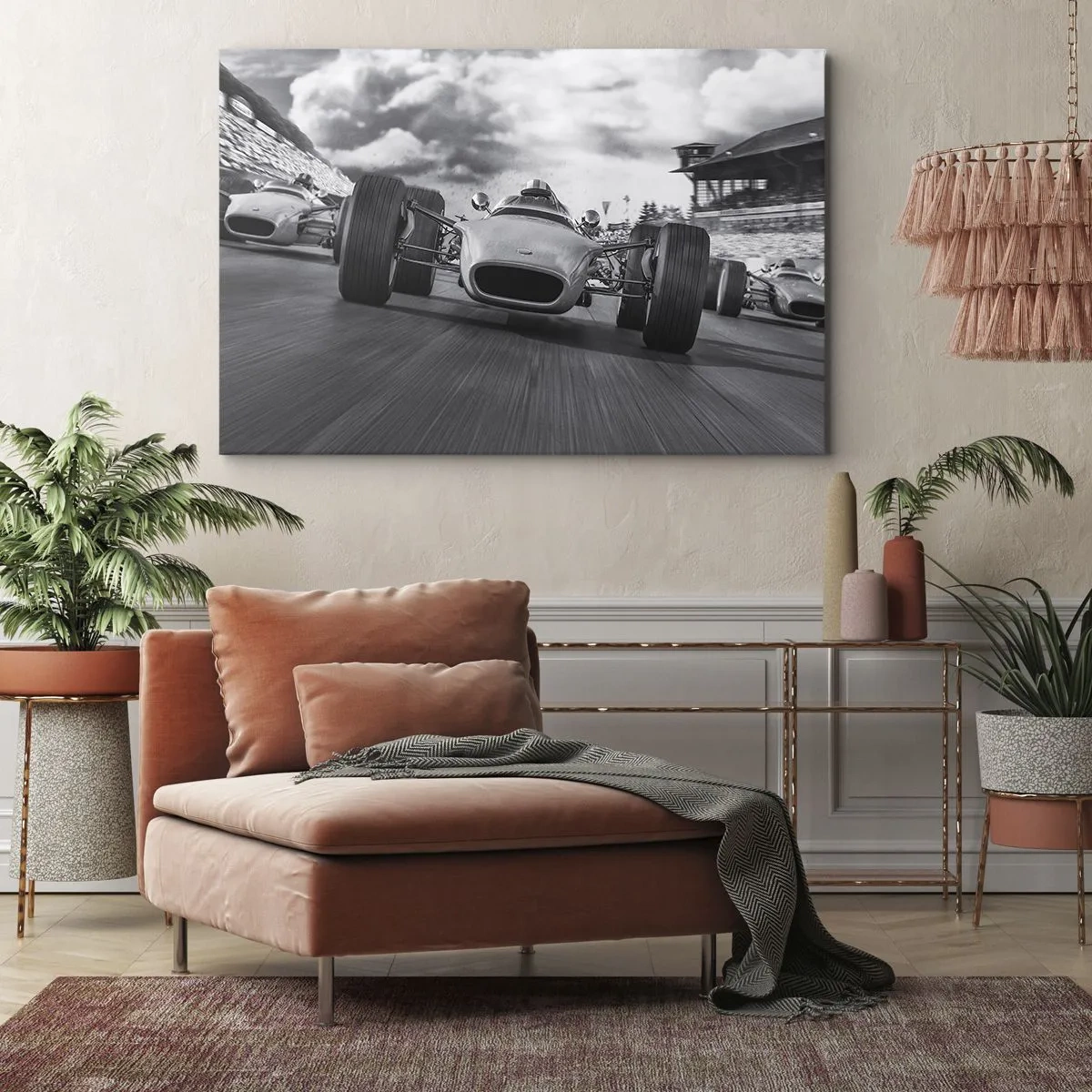 Tablou pe pânză Canvas - Cursă de mașini clasice în mișcare - 70x50cm - Cai putere! - Decorațiune modernă pentru perete pentru living și dormitor ARTTOR