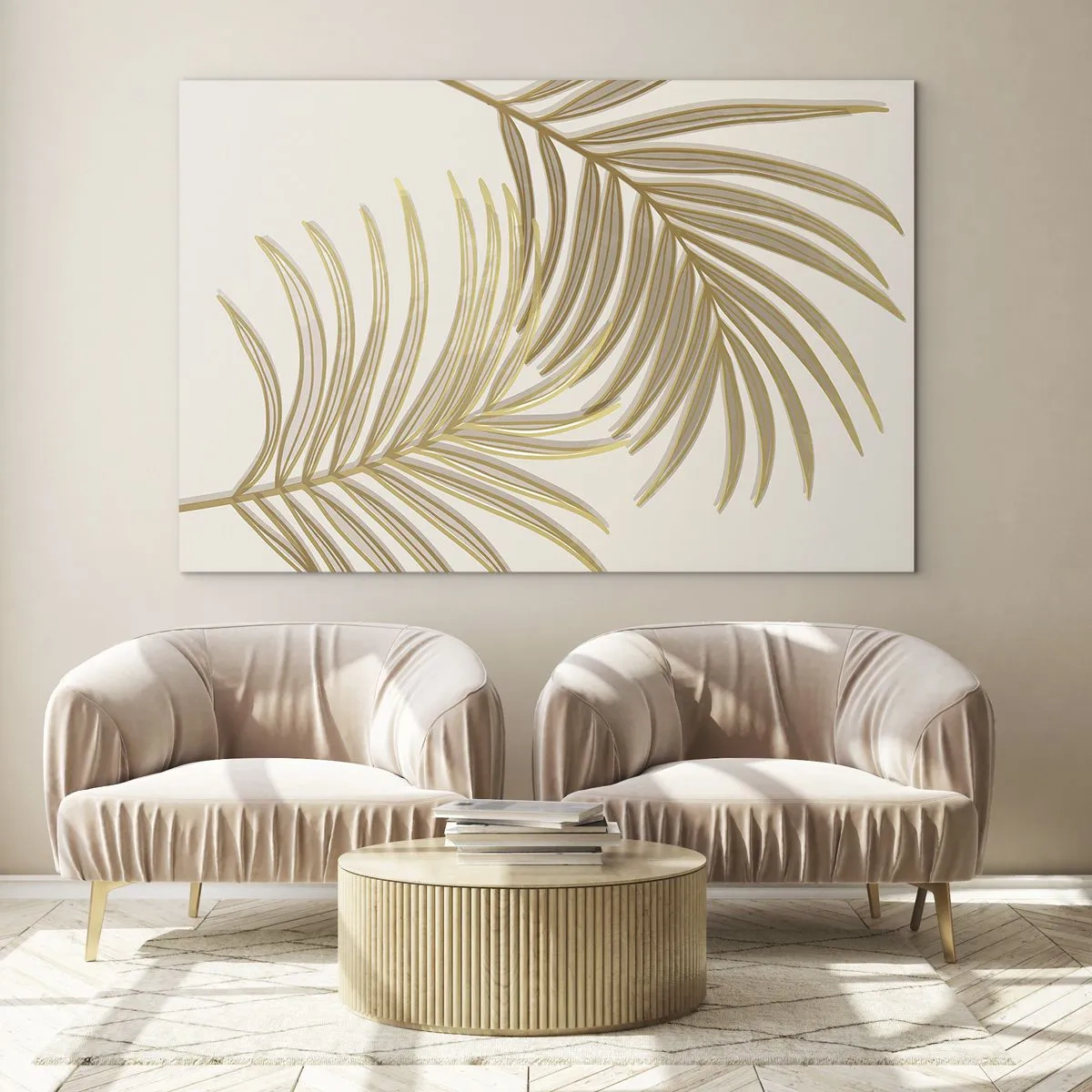 Tablou pe sticlă - Frunze de palmier aurii pe un fundal deschis - 70x50cm - Palmier de aur! - Decorațiune modernă pentru perete pentru living și dormitor ARTTOR