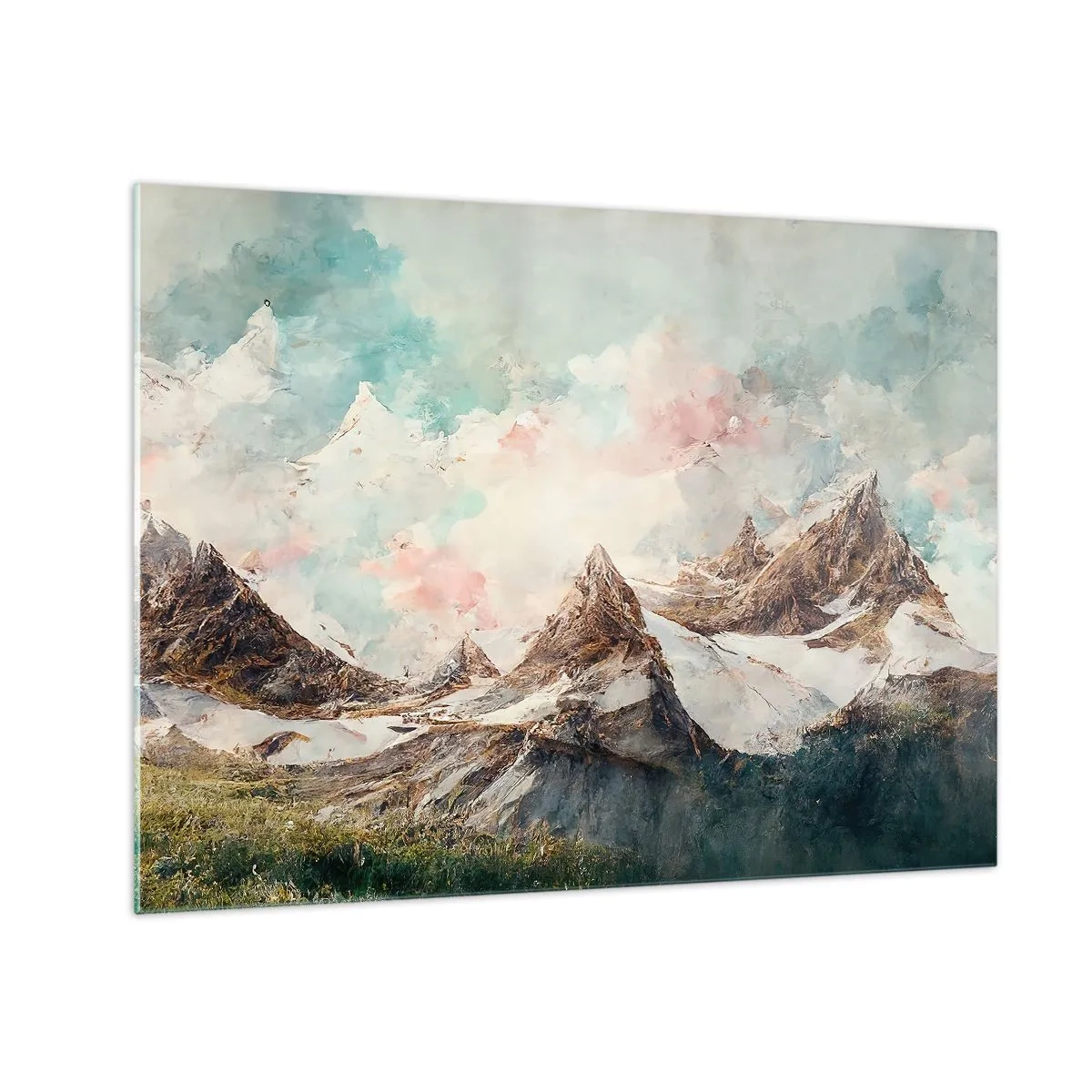 Tablou pe sticlă - Vârfuri pitorești de munte cu cer pastelat - 70x50cm - Lame de piatră - Decorațiune modernă pentru perete pentru living și dormitor ARTTOR