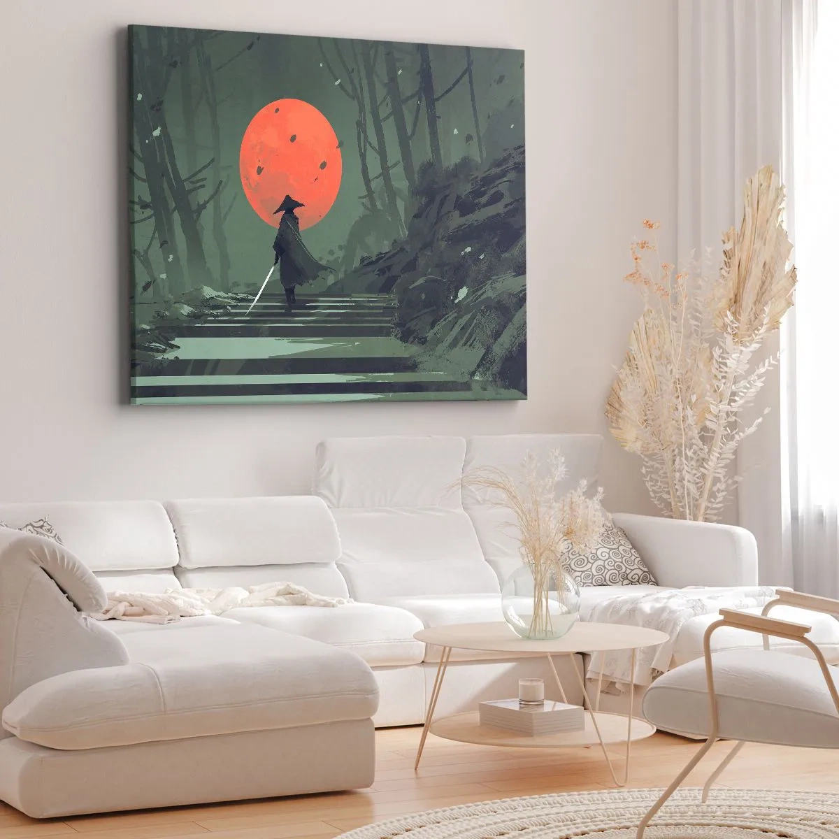 Tablou pe pânză Canvas - Un războinic singuratic cu o sabie pe fundalul unei luni roșii într-o pădure întunecată. - 70x50cm - Războinicul lunii roșii - Decorațiune modernă pentru perete pentru living și dormitor ARTTOR