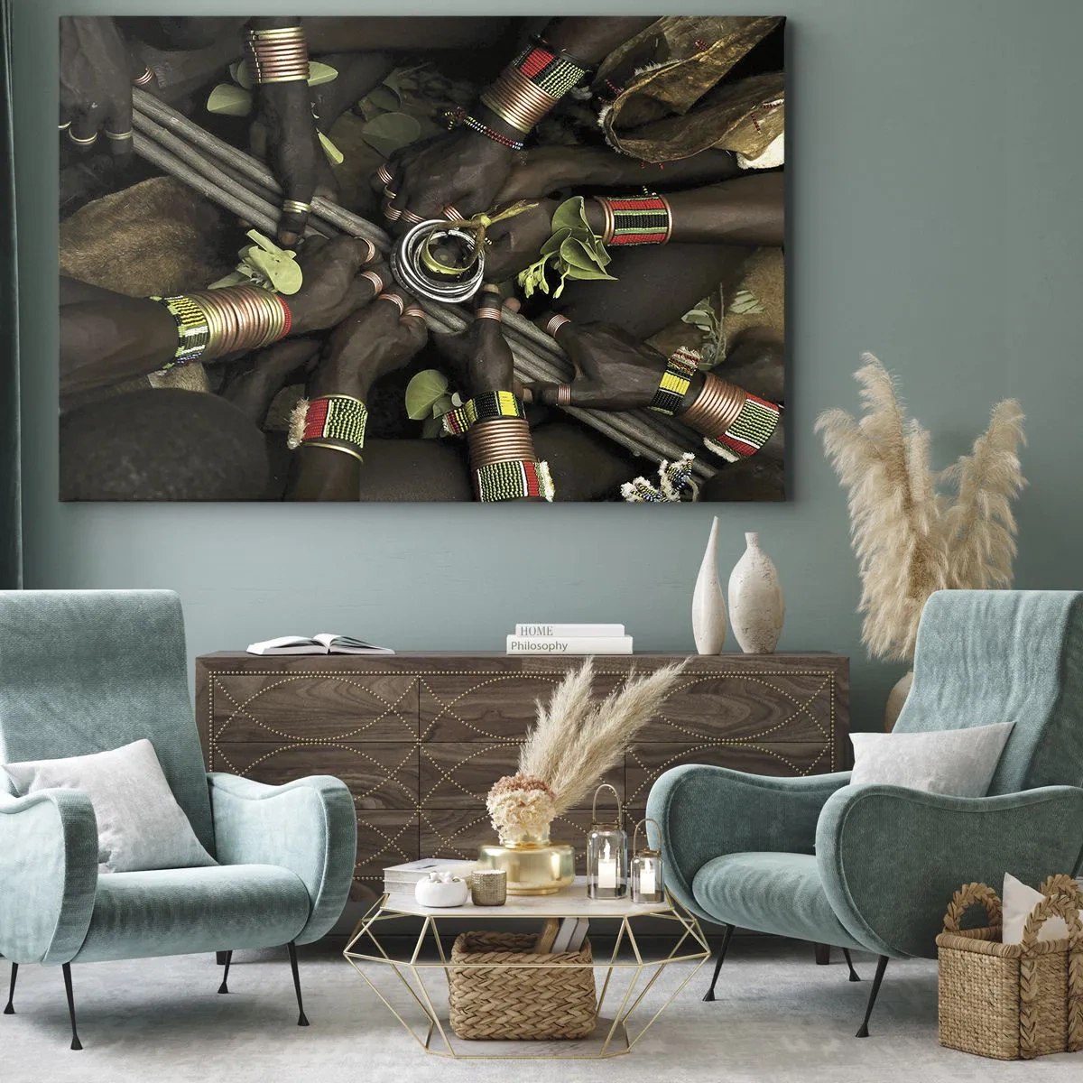 Tablou pe pânză Canvas - Brățări tradiționale de mână într-un grup de mâini - 70x50cm - Împreună - Decorațiune modernă pentru perete pentru living și dormitor ARTTOR