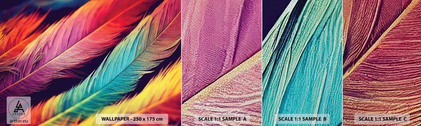 Mostră tapet Premium Sand - Curcubeu cu pene - pene, Ușoară, Colorat - 100x30 cm