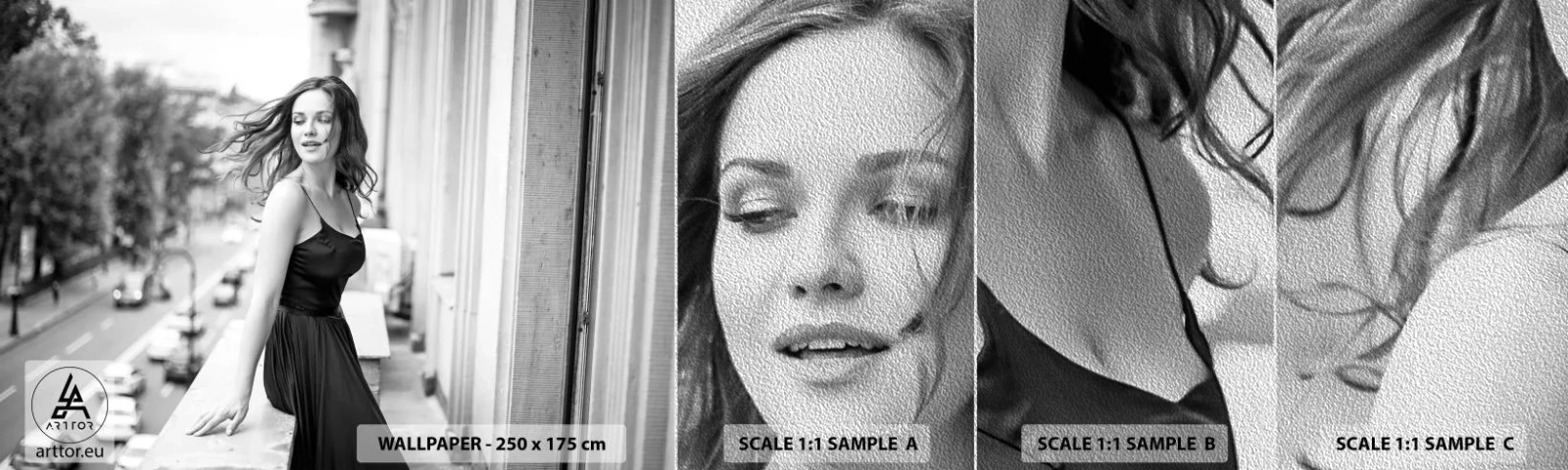 Mostră tapet Premium Sand - Cu siguranță e o fată pariziană - Femeie, Oraș, Arhitectură - 100x30 cm