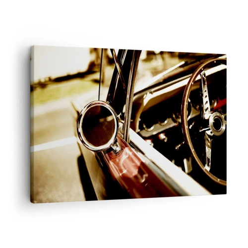 Tablou pe pânză Canvas - Prim-plan al oglinzii și interiorului unei mașini retro clasice - 70x50cm - O mașină cu suflet - Decorațiune modernă pentru perete pentru living și dormitor ARTTOR