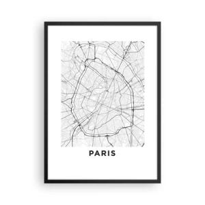 Poster în ramă neagră - hartă a Parisului într-un stil minimalist alb-negru. - 50x70cm - Floarea Parisului - Decorațiune modernă pentru perete pentru living și dormitor ARTTOR