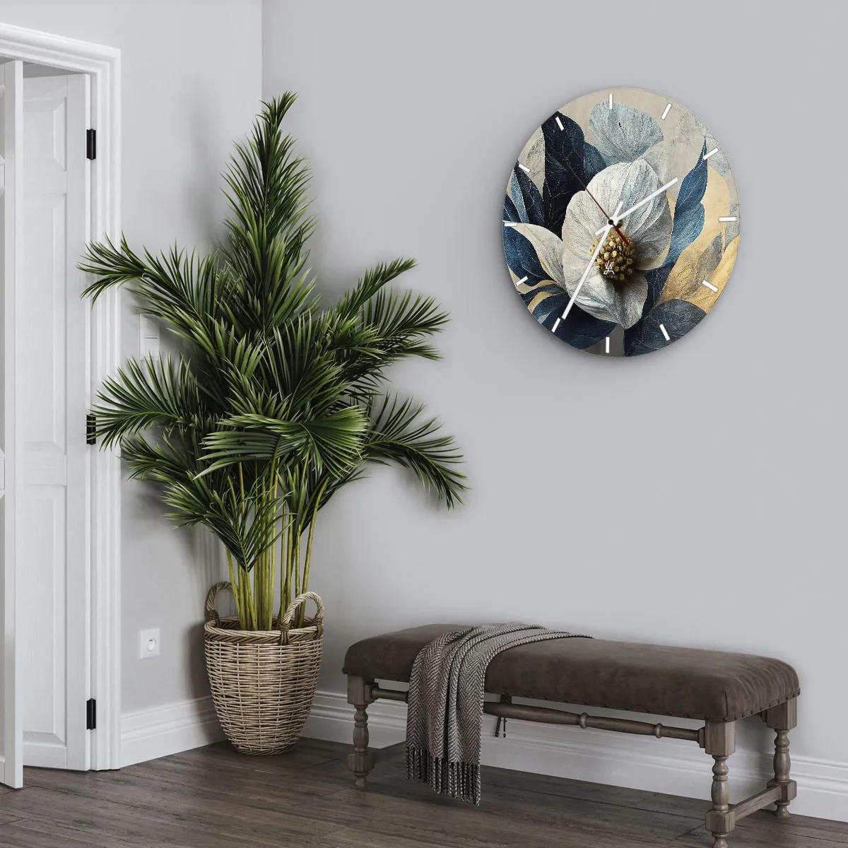 Ceas de perete - Ceas pe sticlă - Un aranjament floral alb cu frunze bleumarin și centru auriu - 30x30cm - Are o inimă de aur - Decorațiune modernă pentru perete pentru living, bucătărie și dormitor ARTTOR