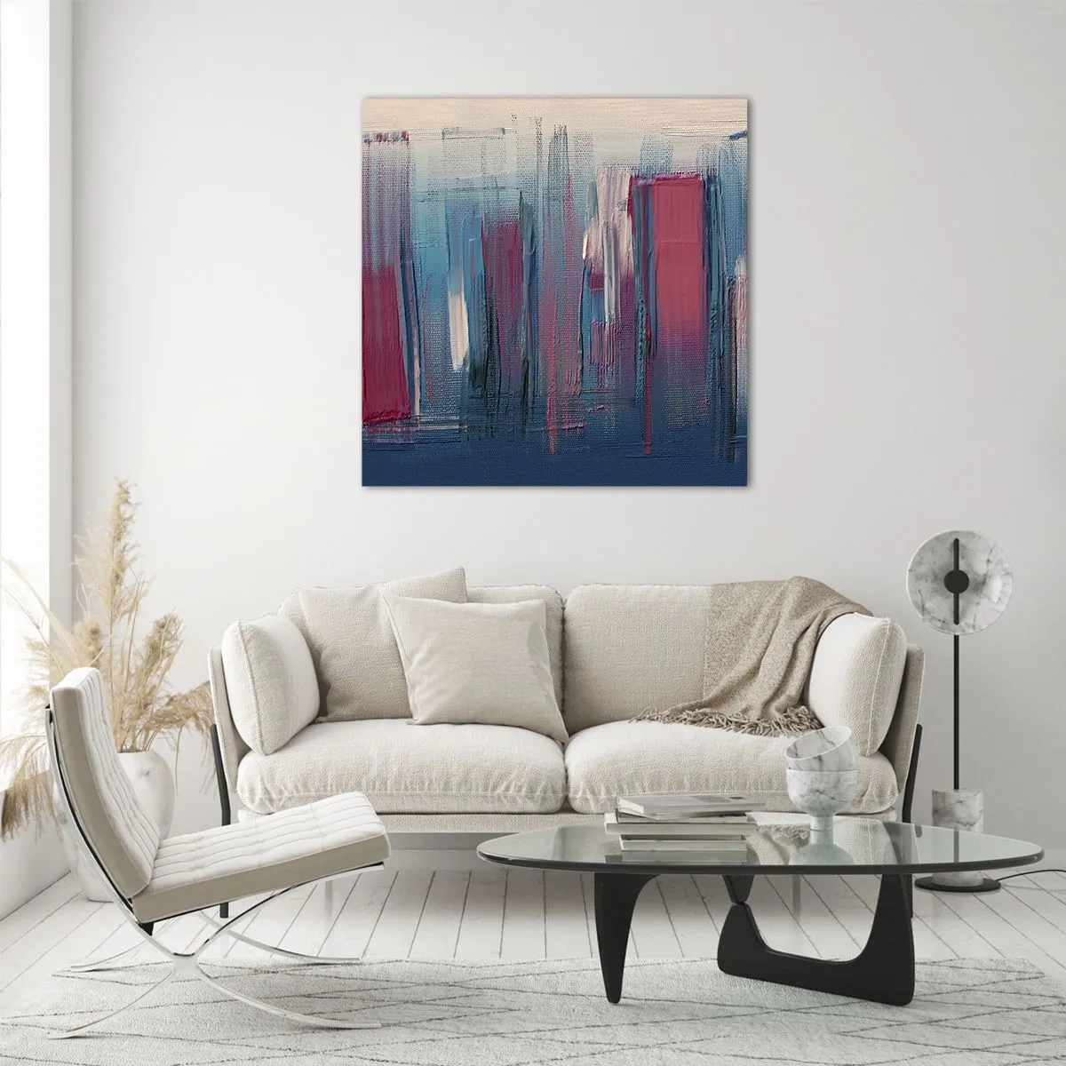Tablou pe sticlă - Compoziție verticală în albastru și roșu - 30x30 cm