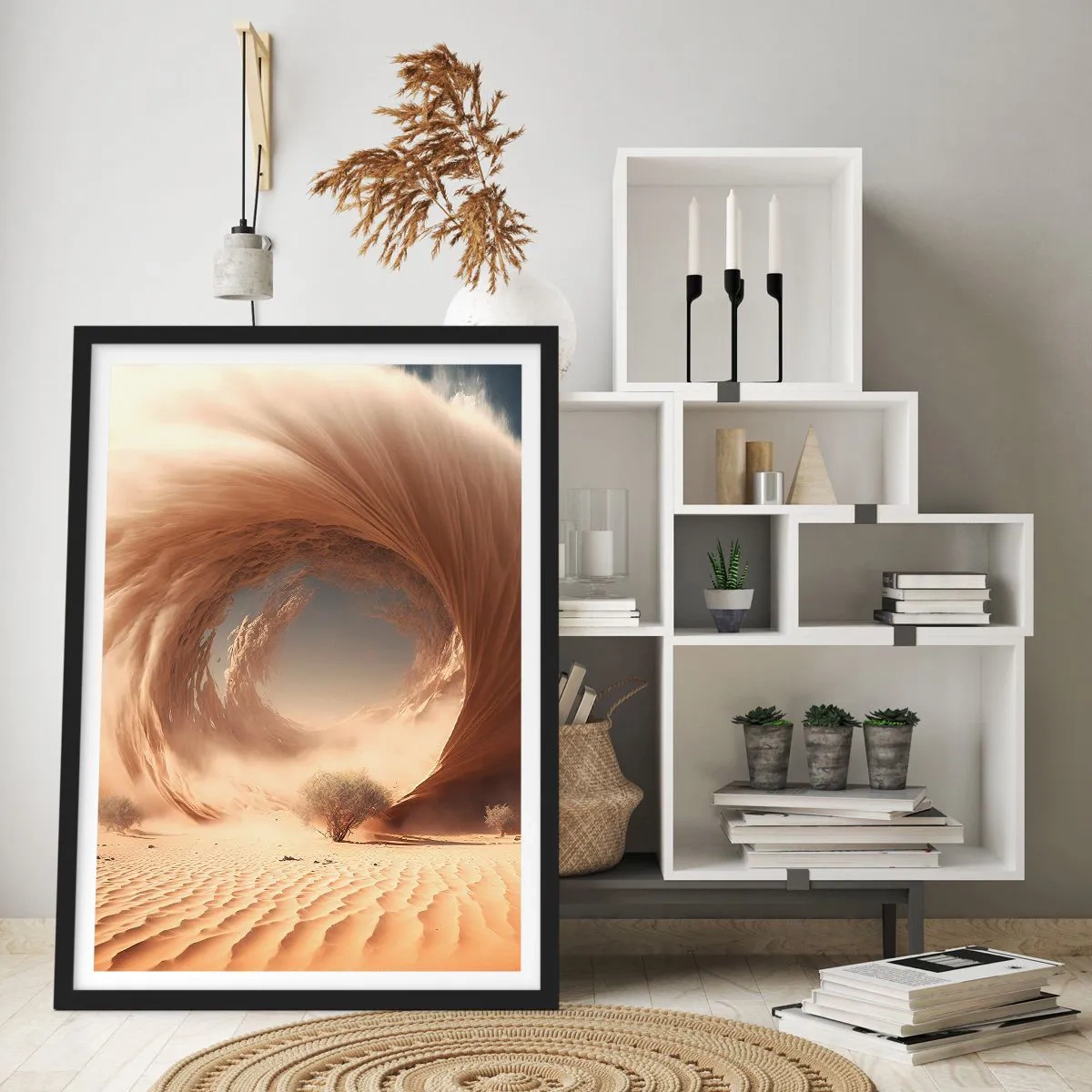 Poster în ramă neagră - Un vârtej fenomenal de nisip în deșert - 50x70cm - Portal deschis - Decorațiune modernă pentru perete pentru living și dormitor ARTTOR