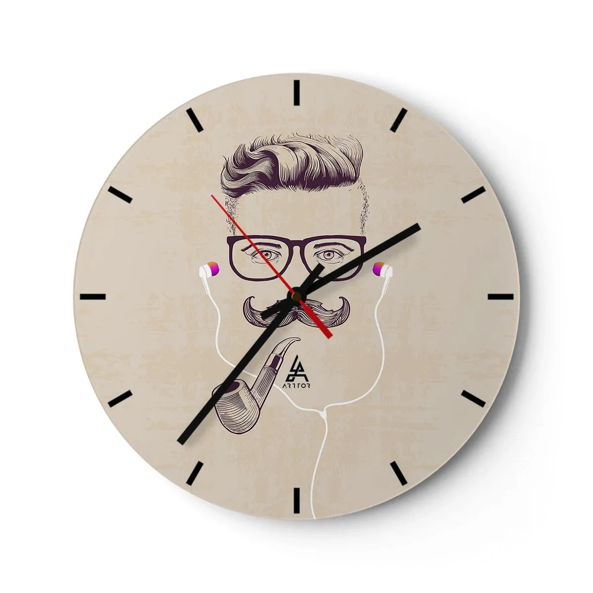 Ceas de perete - Ceas pe sticlă - Ilustrație a unei fețe cu mustață, ochelari, pipă și căști - 30x30cm - Un bărbat adevărat? - Decorațiune modernă pentru perete pentru living, bucătărie și dormitor ARTTOR