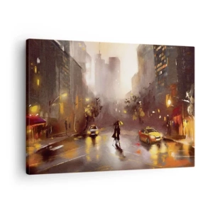 Tablou pe pânză Canvas - O scenă urbană noaptea, în lumina felinarelor și a reflexiilor pe o stradă udă. - 70x50cm - În luminile New York-ului - Decorațiune modernă pentru perete pentru living și dormitor ARTTOR