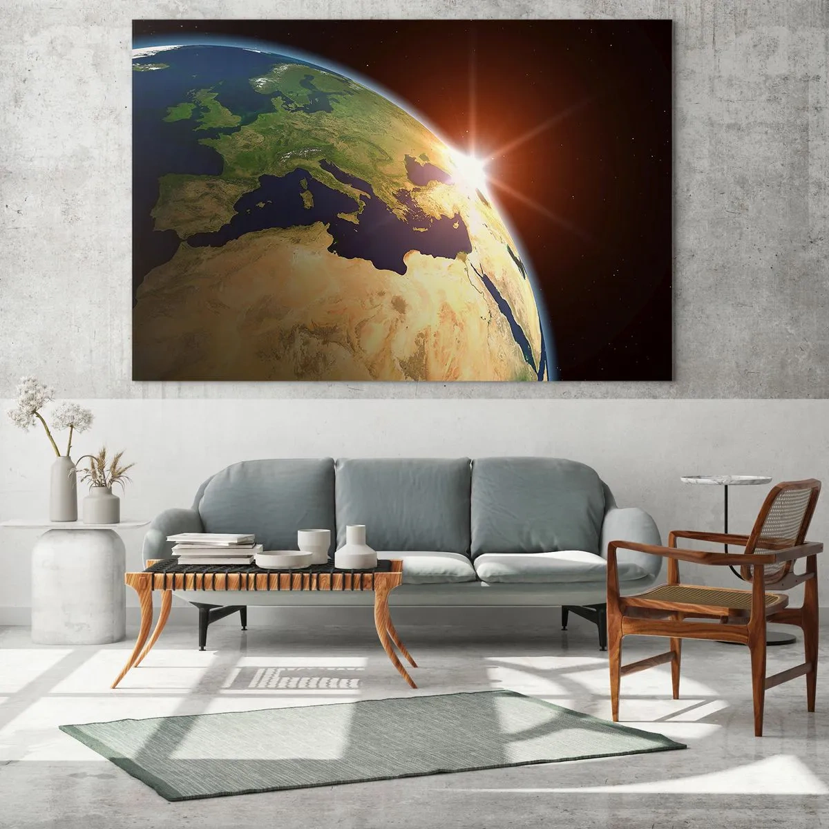 Tablou pe sticlă - Pământul iluminat de soarele care răsare din spațiu - 70x50cm - Răsărit de soare - Decorațiune modernă pentru perete pentru living și dormitor ARTTOR