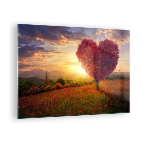 Tablou pe sticlă - Un copac în formă de inimă într-un câmp la apus - 70x50cm - Te apucă inima - Decorațiune modernă pentru perete pentru living și dormitor ARTTOR