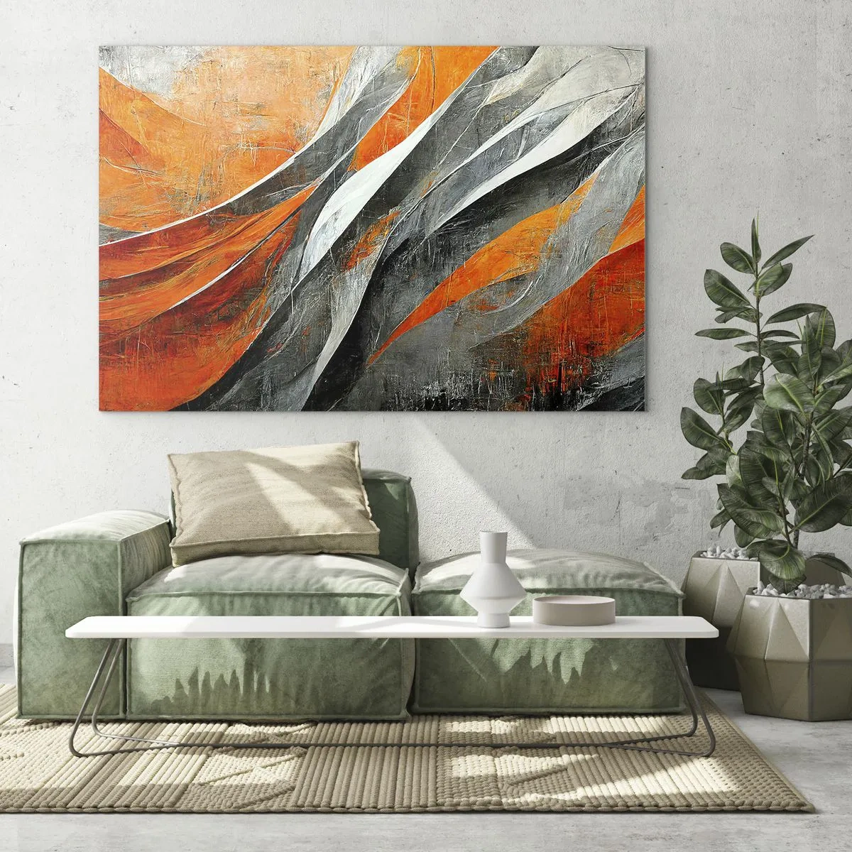 Tablou pe sticlă - Dungi abstracte în nuanțe de portocaliu și gri - 70x50cm - Căldură și frig - Decorațiune modernă pentru perete pentru living și dormitor ARTTOR