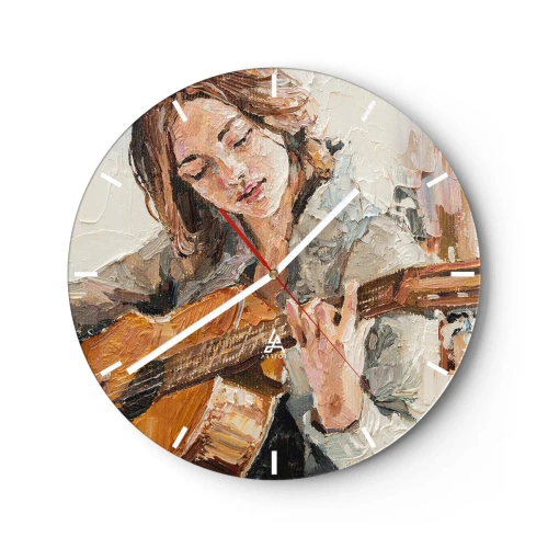 Ceas de perete - Ceas pe sticlă - Portretul unei femei care cântă la chitară într-un stil pictural - 30x30cm - Concert pentru chitară și inima unei fete - Decorațiune modernă pentru perete pentru living, bucătărie și dormitor ARTTOR