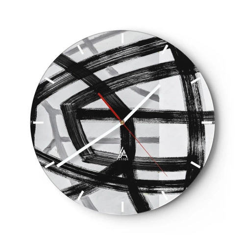 Ceas de perete - Ceas pe sticlă - Tușe dinamice negre de pensulă care creează modele tridimensionale - 30x30cm - Construind adâncimea - Decorațiune modernă pentru perete pentru living, bucătărie și dormitor ARTTOR