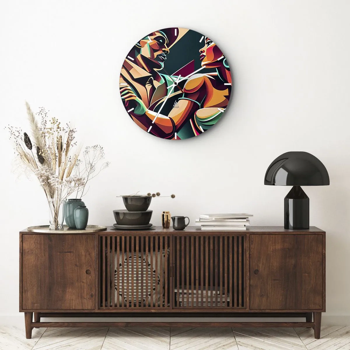 Ceas de perete - Ceas pe sticlă - Un cuplu de dansatori stilizat, reprezentat în culori intense. - 30x30cm - În ritmul inimii - Decorațiune modernă pentru perete pentru living, bucătărie și dormitor ARTTOR