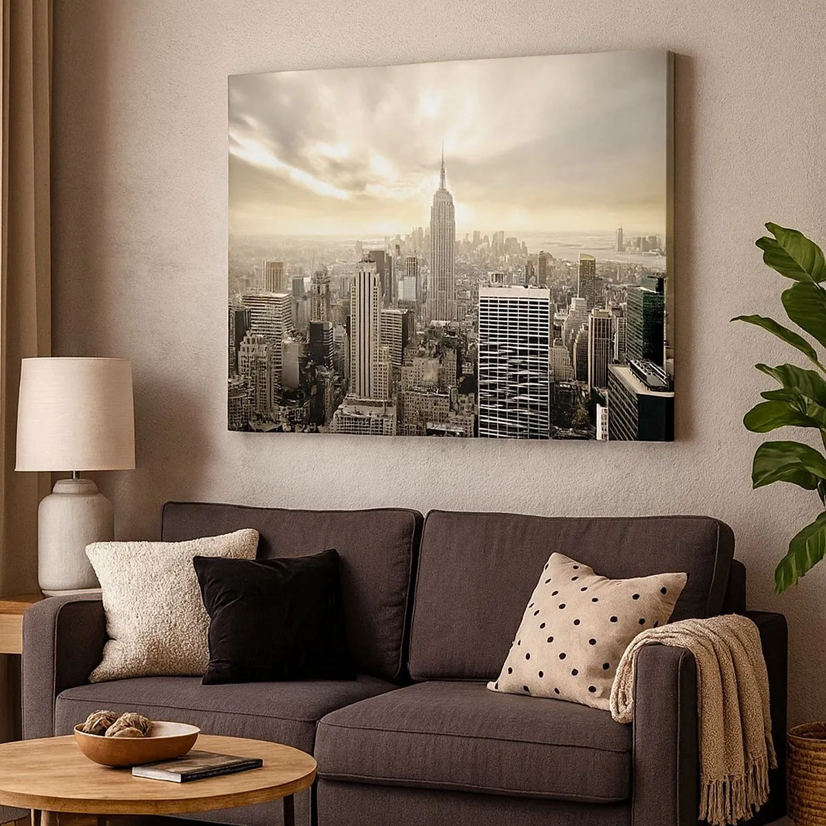 Tablou pe pânză Canvas - Panoramă a orașului cu vedere la Empire State Building - 70x50cm - New York țesut din gri - Decorațiune modernă pentru perete pentru living și dormitor ARTTOR