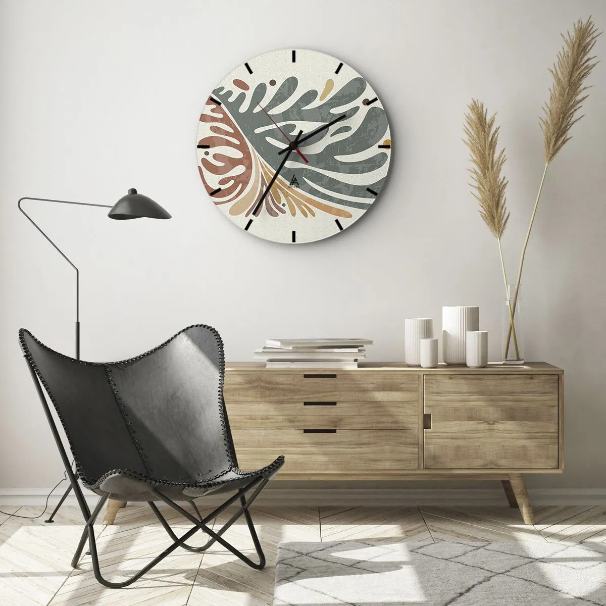 Ceas de perete - Ceas pe sticlă - Forme organice în nuanțe de verde și ruginiu - 30x30cm - Frunză multicoloră - Decorațiune modernă pentru perete pentru living, bucătărie și dormitor ARTTOR