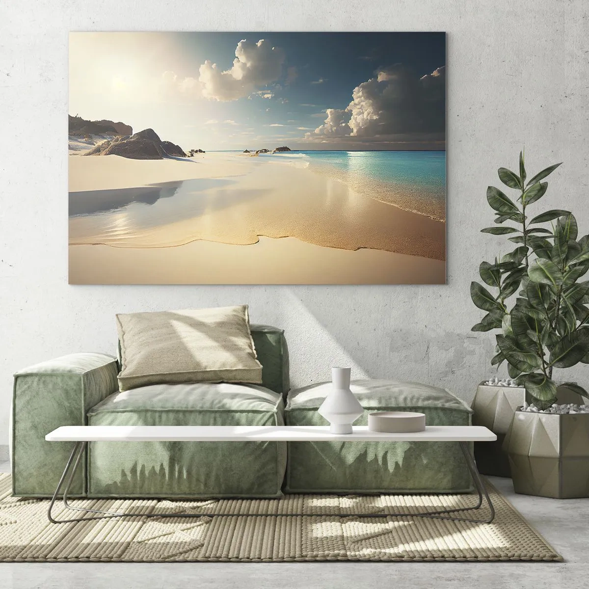 Tablou pe sticlă - Plajă aurie și mare turcoaz în lumina soarelui de dimineață - 70x50cm - O zi de vis - Decorațiune modernă pentru perete pentru living și dormitor ARTTOR