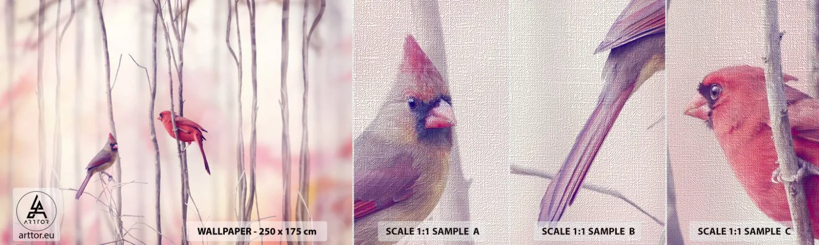 Mostră tapet Premium Canvas - O poveste din Pădurea Roz - Pasăre, Natură, pădure - 100x30 cm