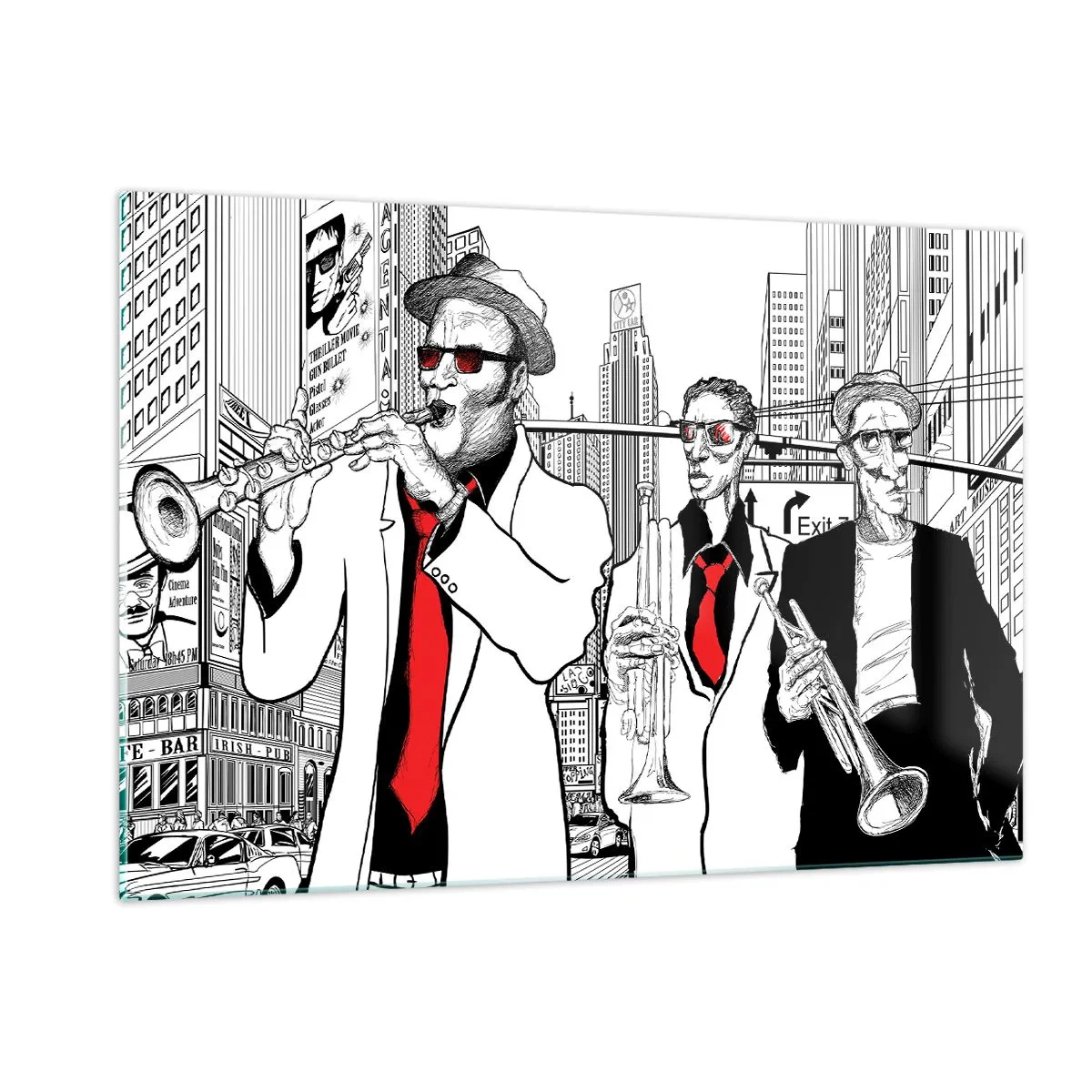 Tablou pe sticlă - Rapsodie urbană în negru și roșu - 120x80 cm