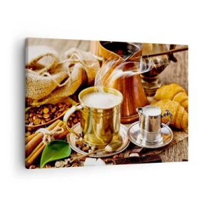 Tablou pe pânză Canvas - O cană de cafea aurie înconjurată de boabe, ulcioare și croissante - 70x50cm - O zi bună! - Decorațiune modernă pentru perete pentru living și dormitor ARTTOR