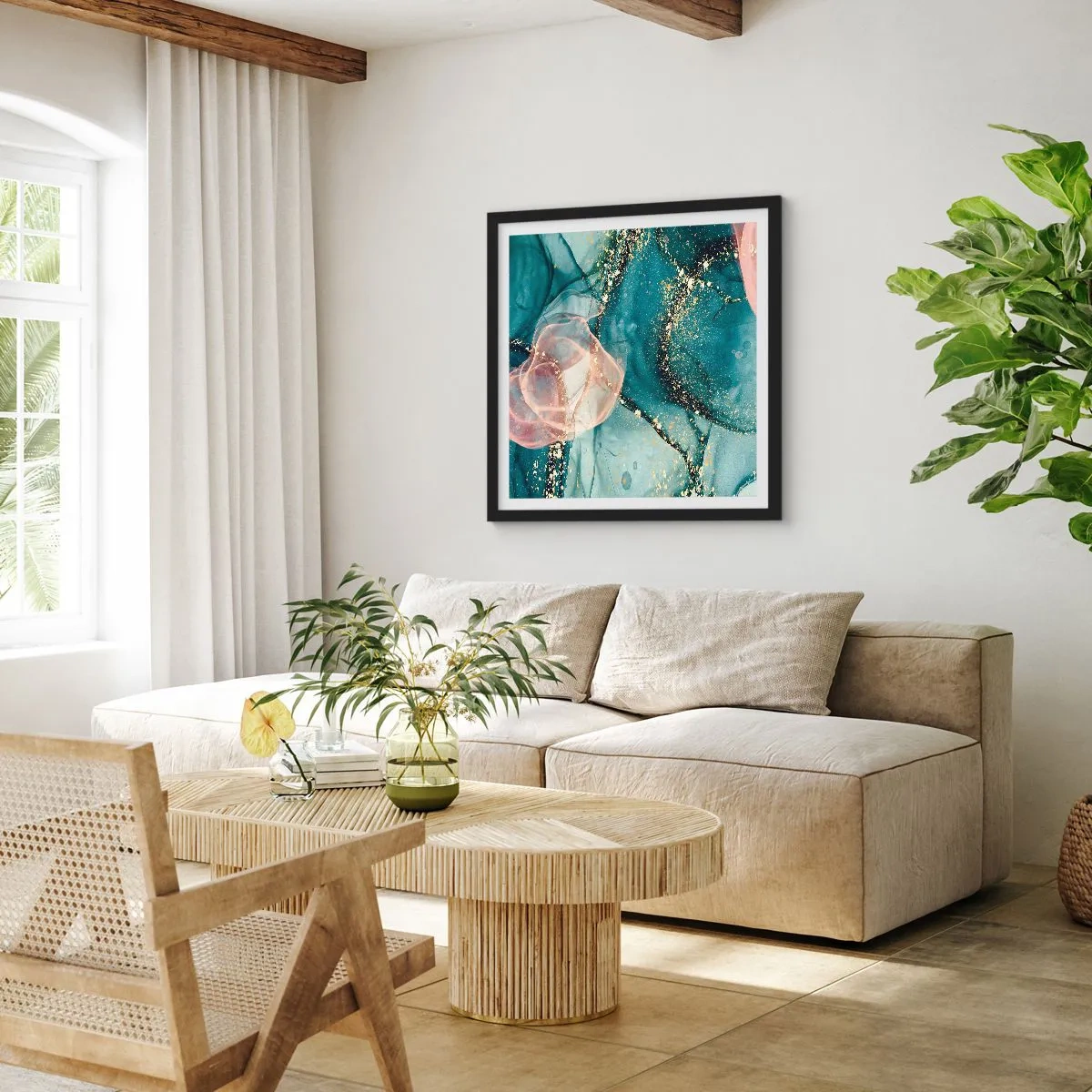 Poster în ramă neagră - Mătase albastră, tul roz - 60x60 cm