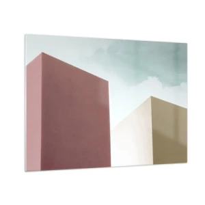 Tablou pe sticlă - Clădiri geometrice în culori pastelate - 70x50cm - Geometria unei veri însorite - Decorațiune modernă pentru perete pentru living și dormitor ARTTOR