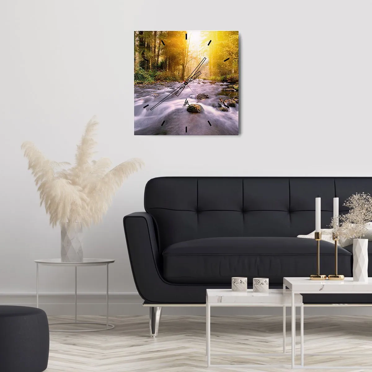 Ceas de perete - Ceas pe sticlă - Malachit în rame de argint și aur - 30x30 cm