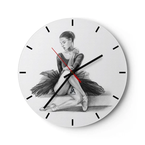 Ceas de perete - Ceas pe sticlă - Schiță a unei balerine într-o poză clasică - 30x30cm - Încântată de dans - Decorațiune modernă pentru perete pentru living, bucătărie și dormitor ARTTOR
